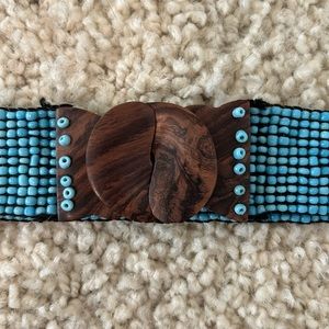 Turquoise beaded stretchy belt with wood clasp buckle